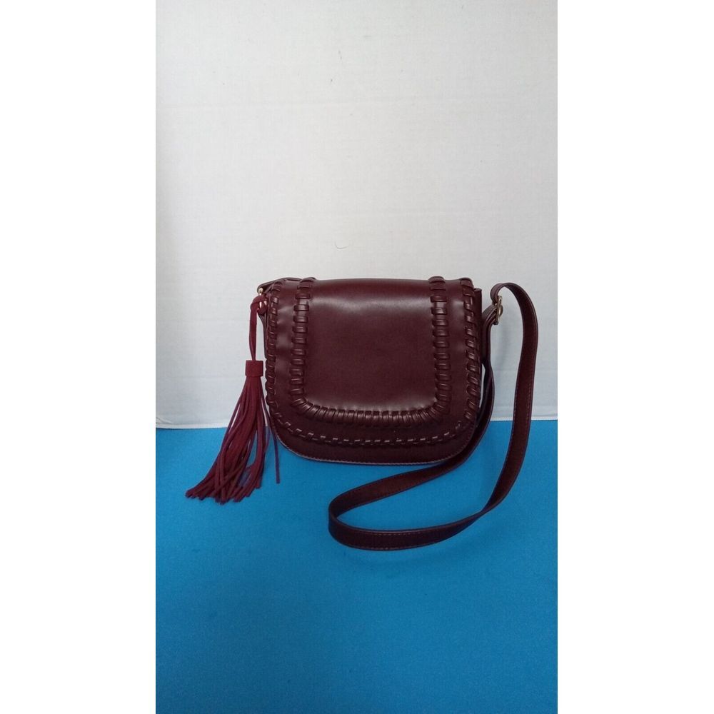 Crossbody Bag Tassel Accent Faux Leather Burgundy Small‎ Purse